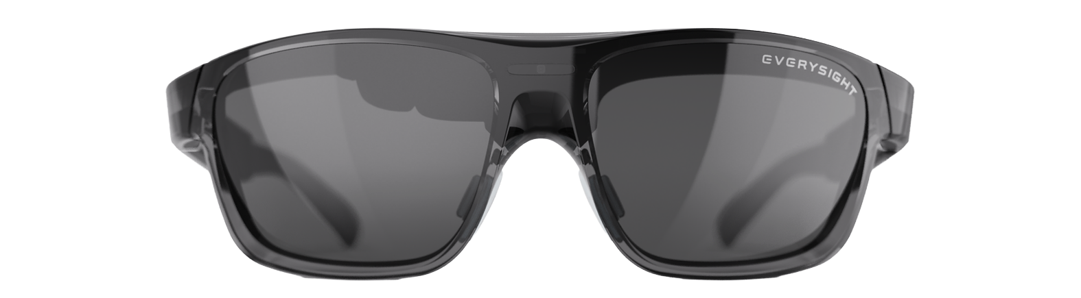 Front view of Everysight Maverick glasses, with a dark wraparound frame and tinted lenses
